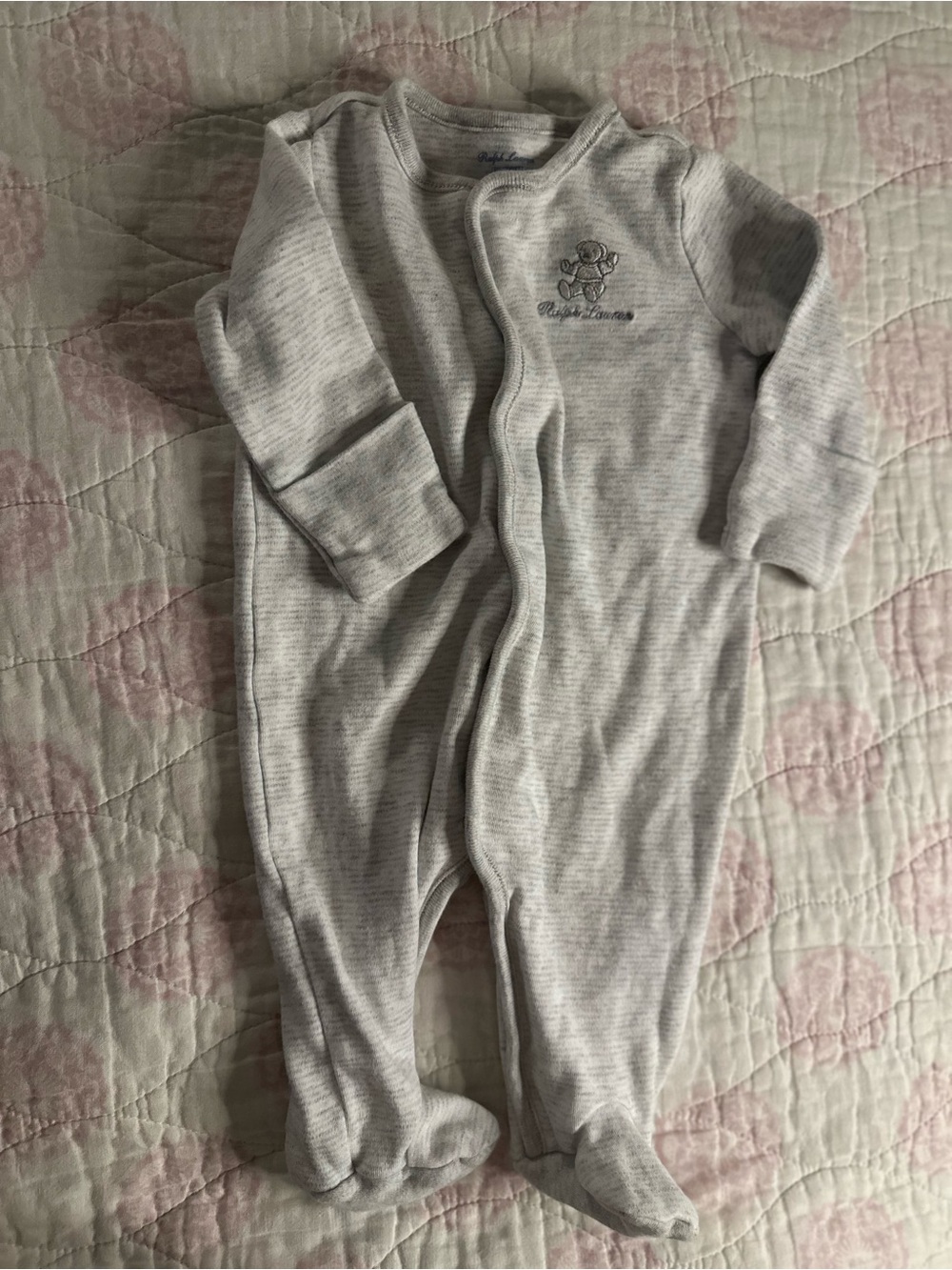 Ralph Lauren | Light Gray Striped Footed One-Piece w/ Hand Covers | 100% Cotton